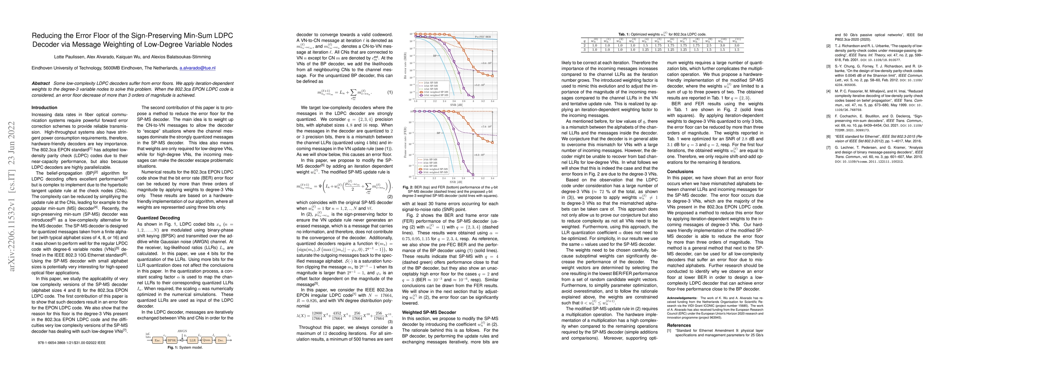 Thumbnail for Reducing the Error Floor of the Sign-Preserving Min-Sum LDPC Decoder via
  Message Weighting of Low-Degree Variable Nodes