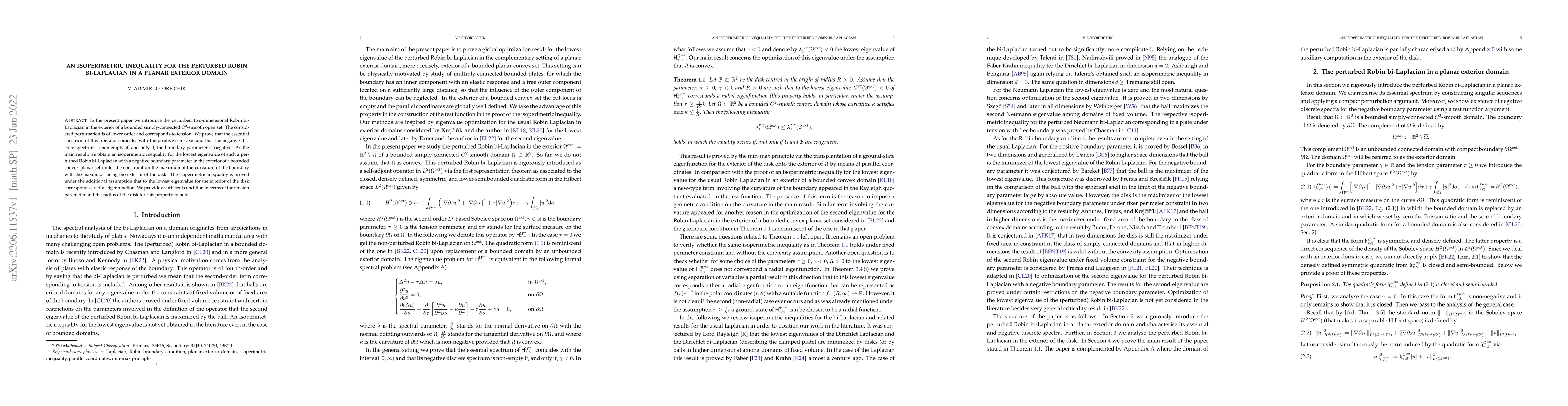 Thumbnail for An isoperimetric inequality for the perturbed Robin bi-Laplacian in a
  planar exterior domain