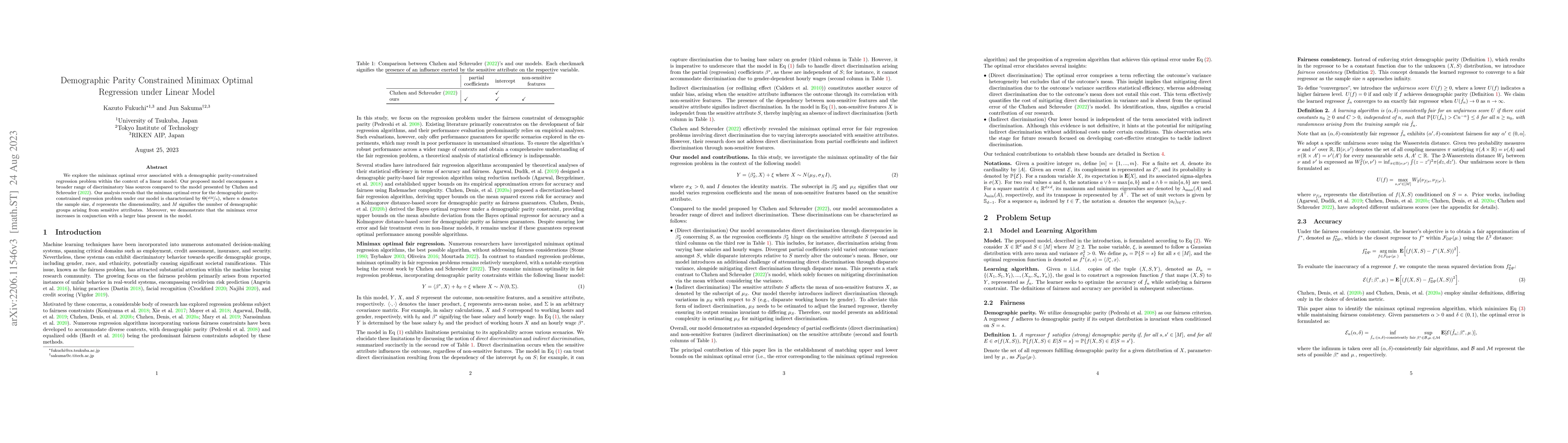 Thumbnail for Demographic Parity Constrained Minimax Optimal Regression under Linear
  Model