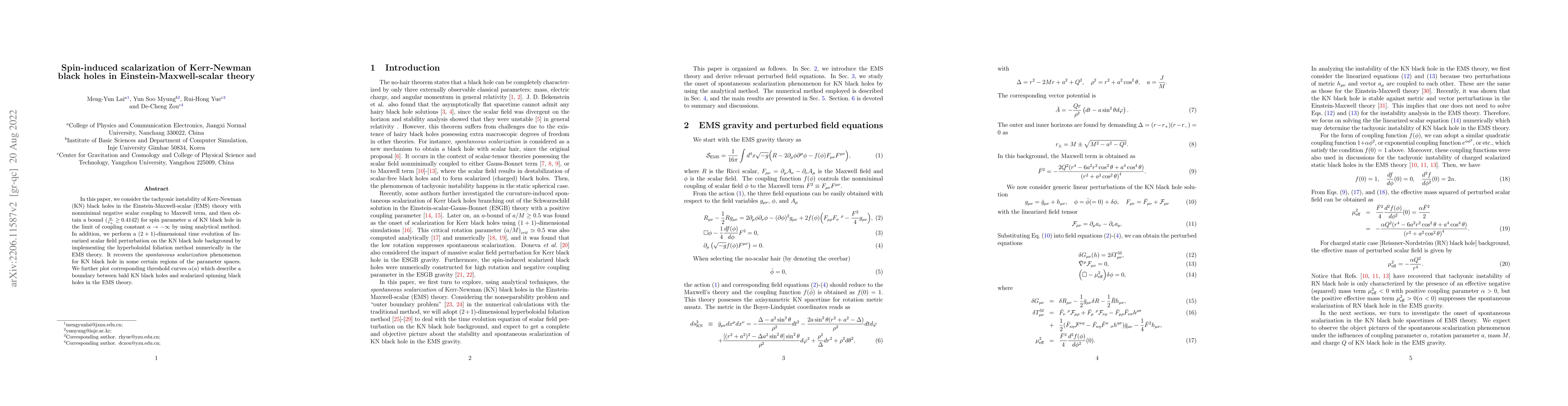 Thumbnail for Spin-induced scalarization of Kerr-Newman black holes in
  Einstein-Maxwell-scalar theory