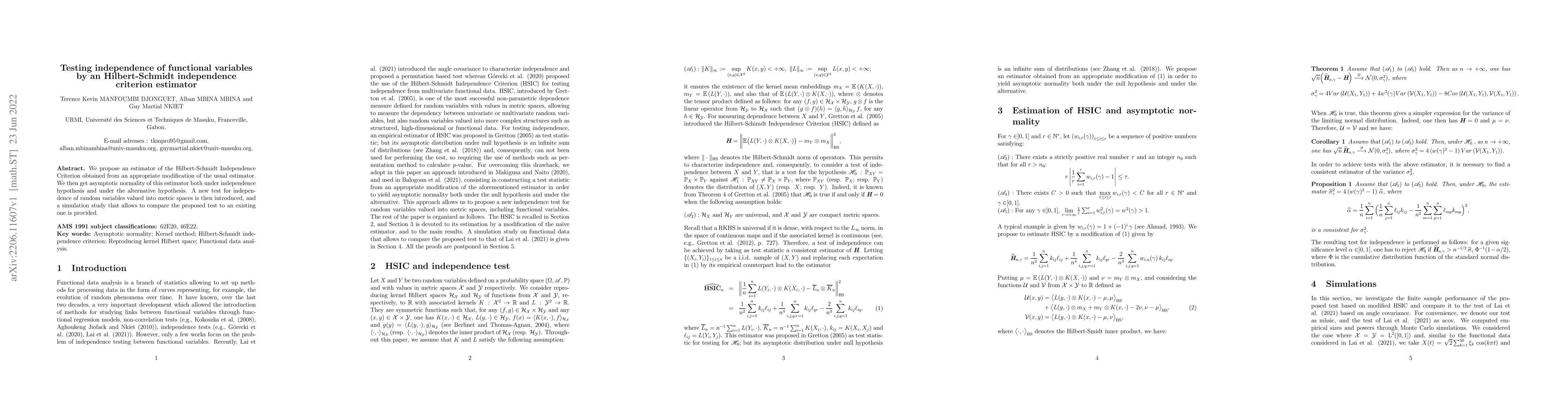 Thumbnail for Testing independence of functional variables by an Hilbert-Schmidt
  independence criterion estimator