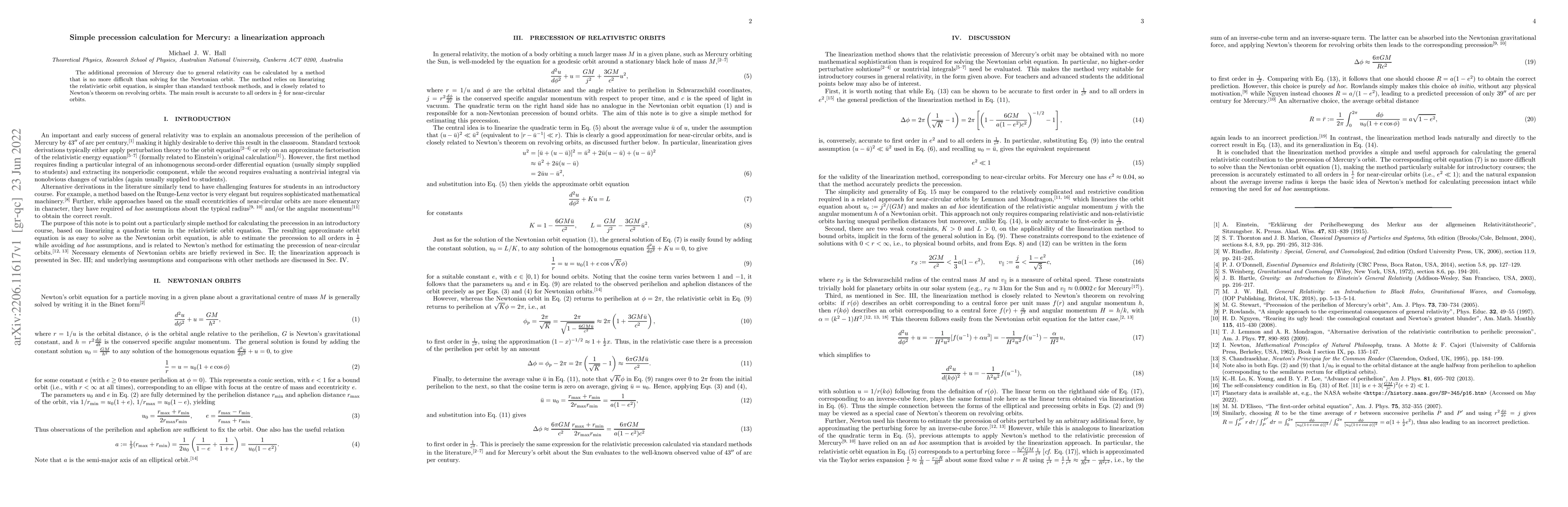 Thumbnail for Simple precession calculation for Mercury: a linearization approach