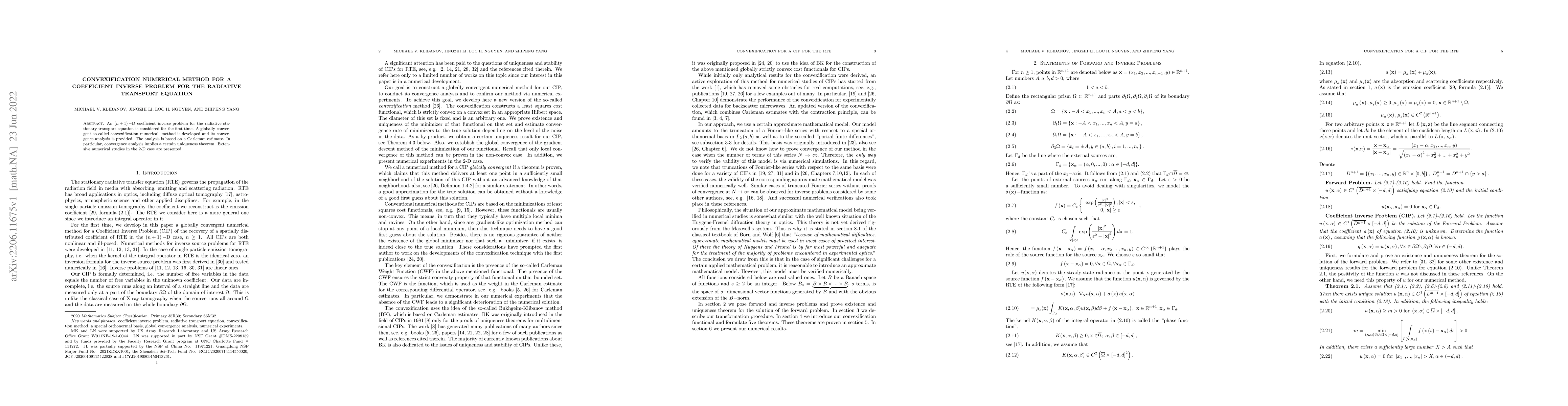 Thumbnail for Convexification for a CIP for the RTE]{Convexification Numerical Method
  for a Coefficient Inverse Problem for the Radiative Transport Equation