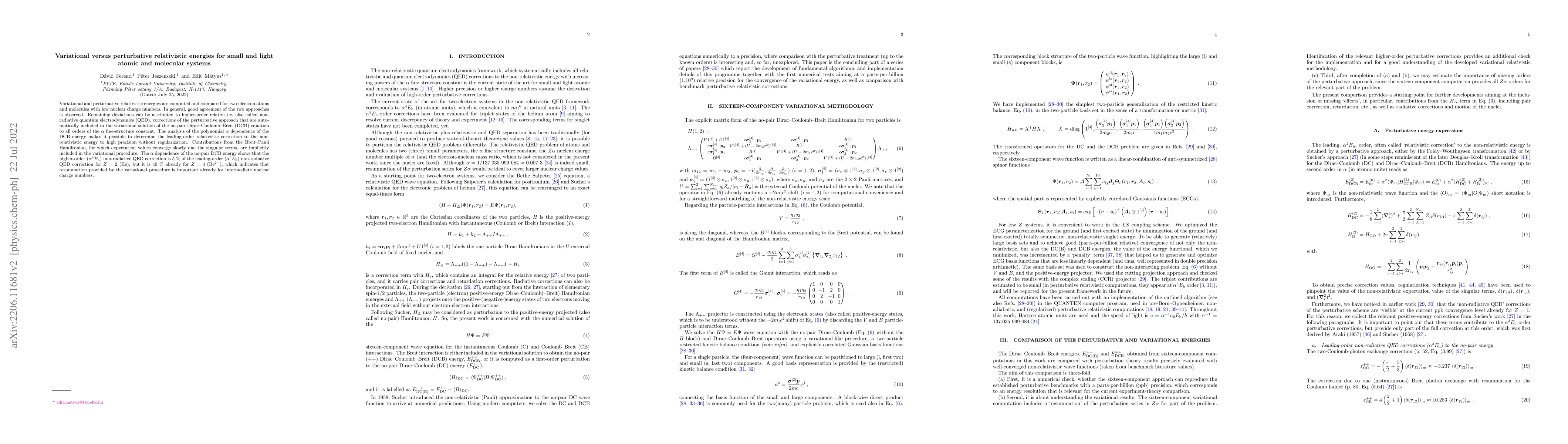 Thumbnail for Variational versus perturbative relativistic energies for small and
  light atomic and molecular systems