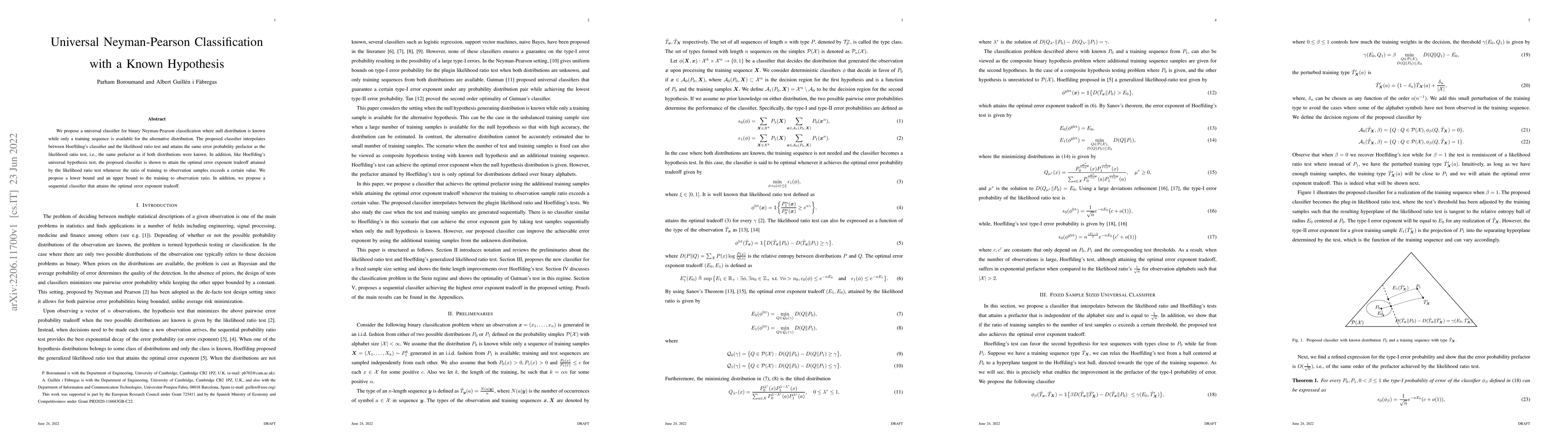 Thumbnail for Universal Neyman-Pearson Classification with a Known Hypothesis
