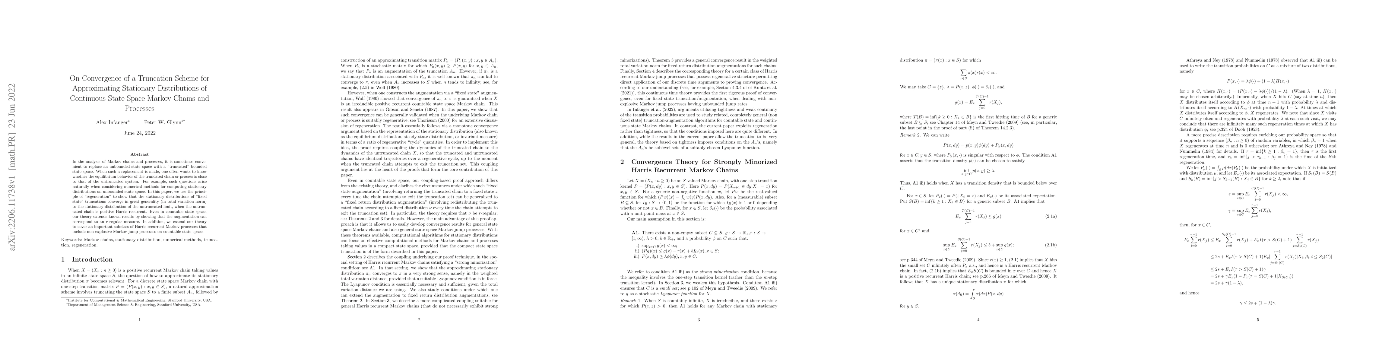 Thumbnail for On Convergence of a Truncation Scheme for Approximating Stationary
  Distributions of Continuous State Space Markov Chains and Processes