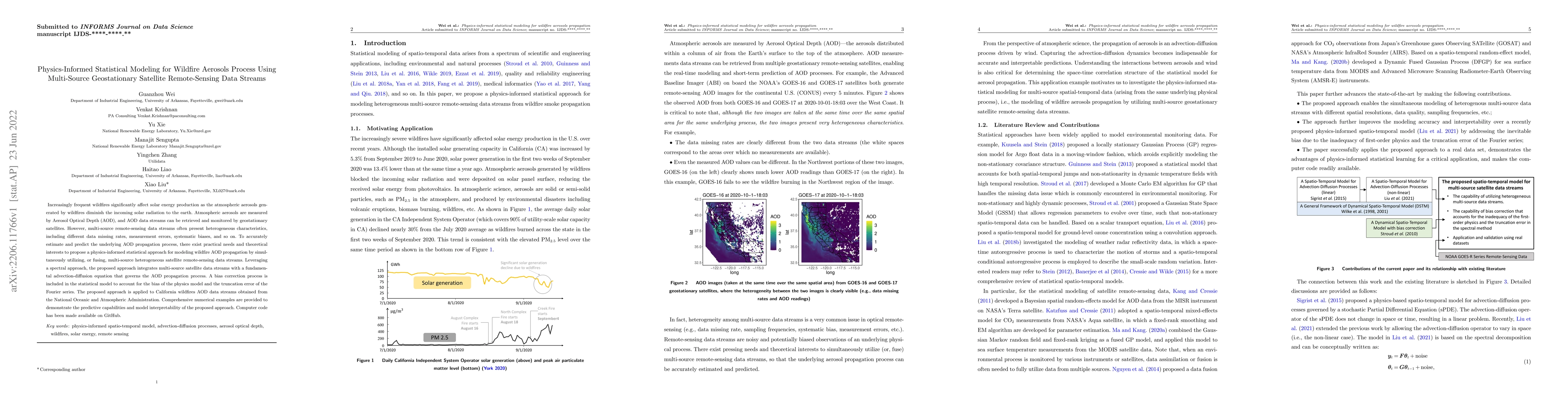 Thumbnail for Physics-Informed Statistical Modeling for Wildfire Aerosols Process
  Using Multi-Source Geostationary Satellite Remote-Sensing Data Streams