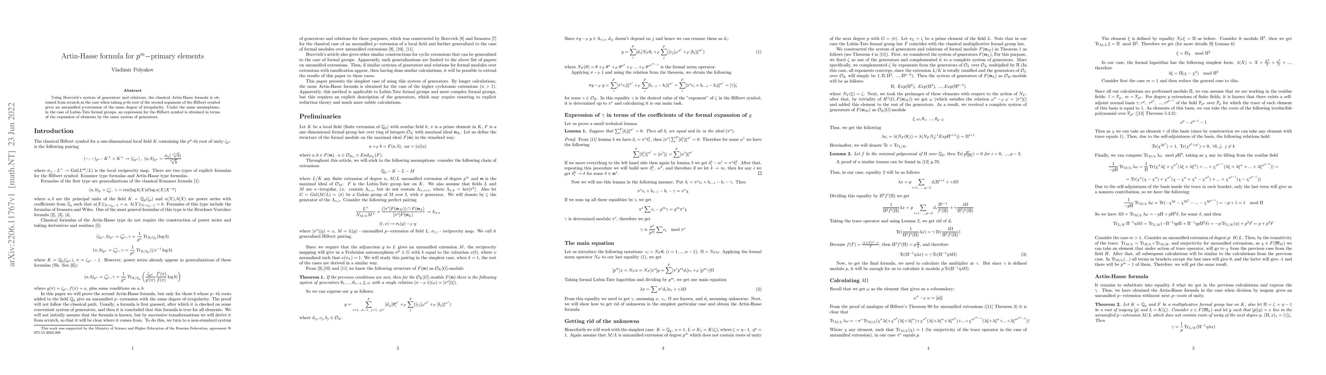 Thumbnail for Artin-Hasse formula for $p^m-$primary elements