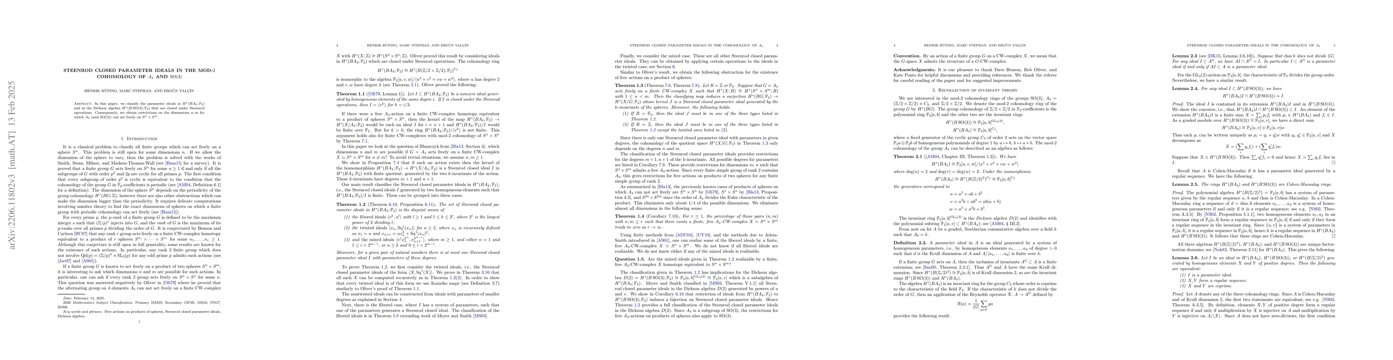 Thumbnail for Steenrod closed parameter ideals in the mod-$2$ cohomology of $A_4$ and
  $SO(3)$