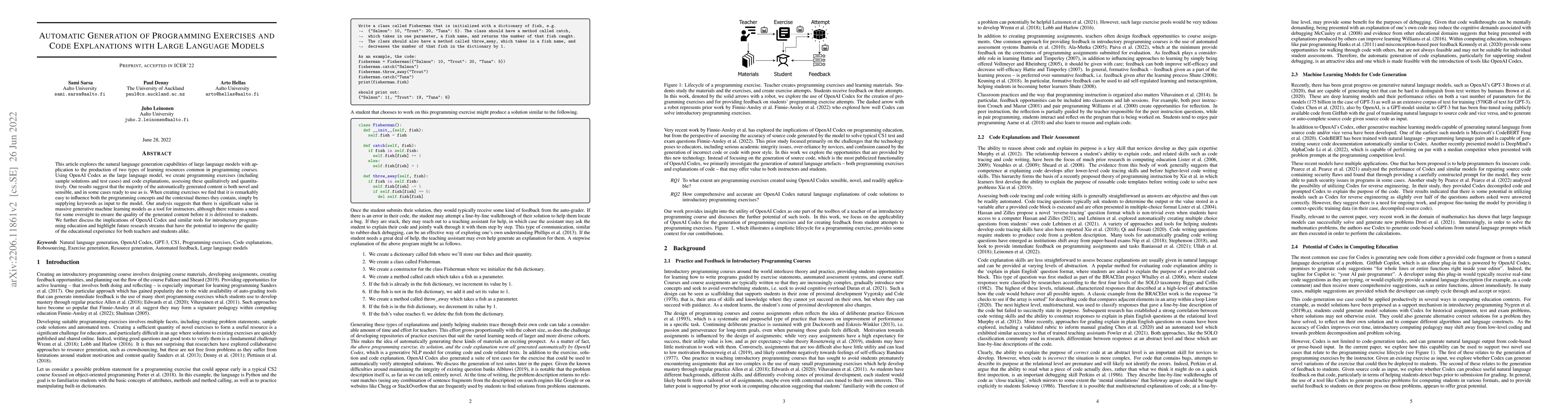 Thumbnail for Automatic Generation of Programming Exercises and Code Explanations
  using Large Language Models
