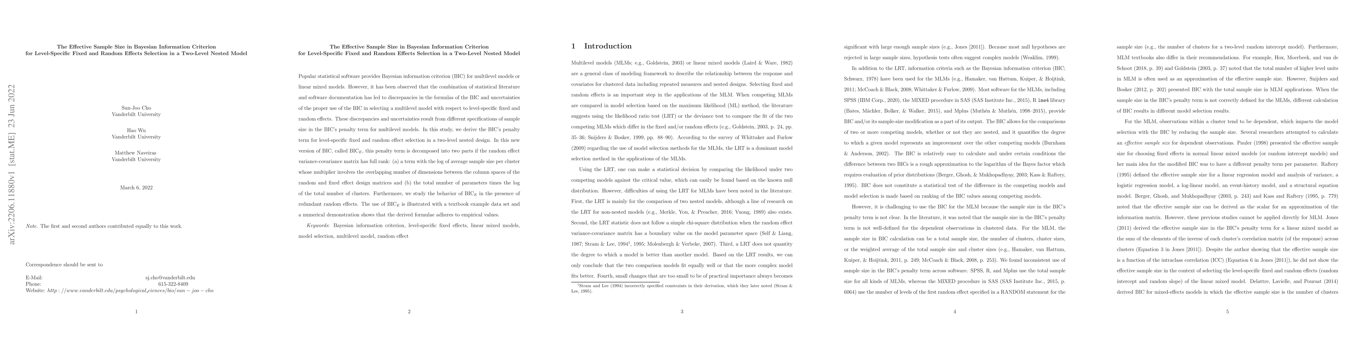Thumbnail for The Effective Sample Size in Bayesian Information Criterion for
  Level-Specific Fixed and Random Effects Selection in a Two-Level Nested Model