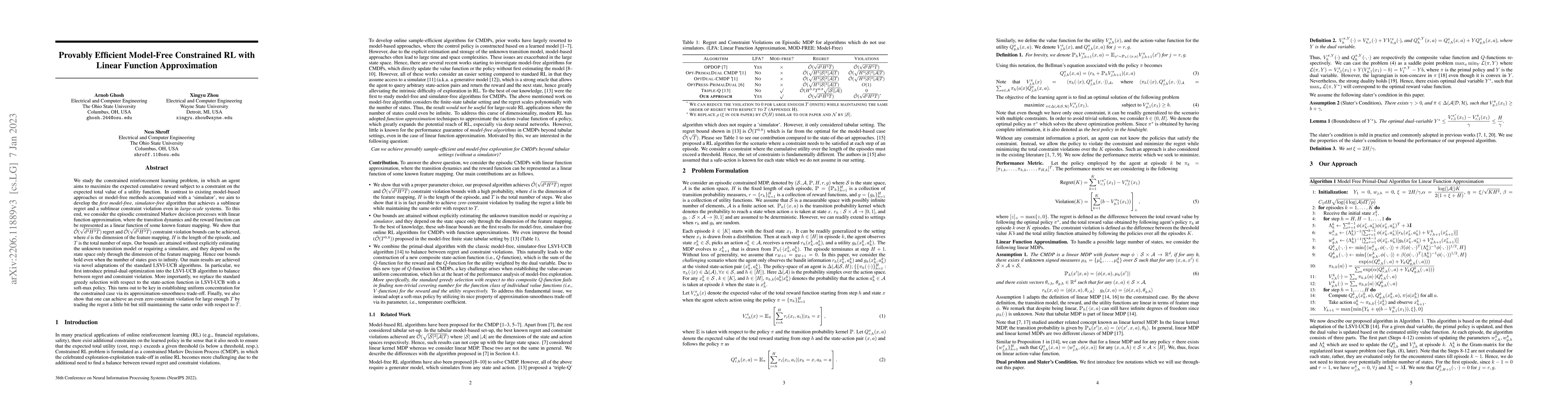 Thumbnail for Provably Efficient Model-Free Constrained RL with Linear Function
  Approximation