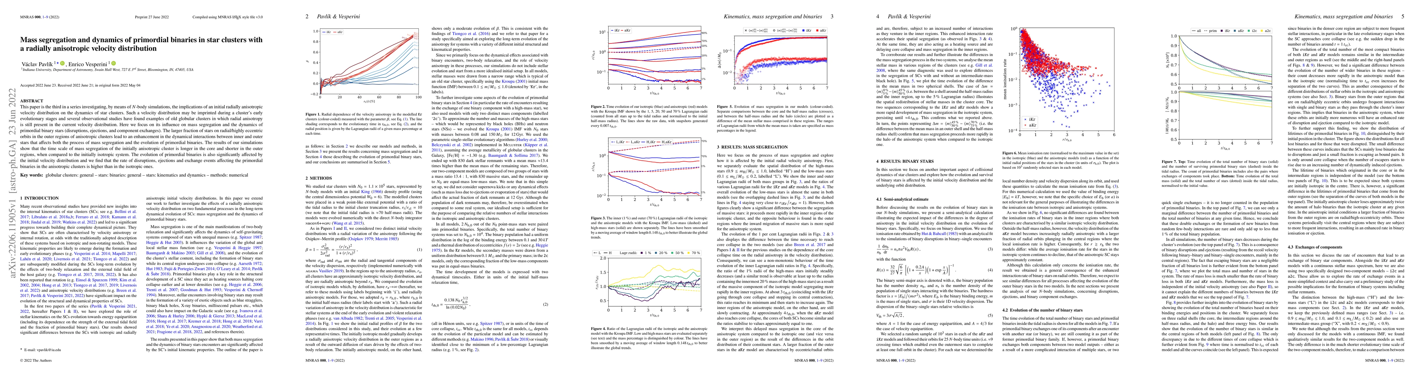 Thumbnail for Mass segregation and dynamics of primordial binaries in star clusters
  with a radially anisotropic velocity distribution