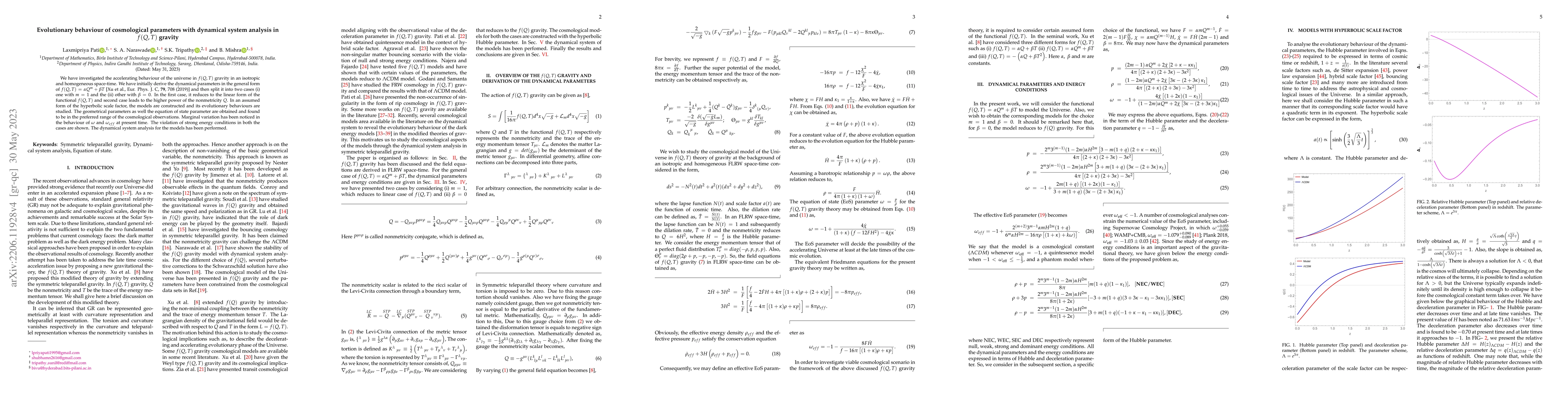 Thumbnail for Evolutionary behaviour of cosmological parameters with dynamical system
  analysis in f (Q, T) gravity