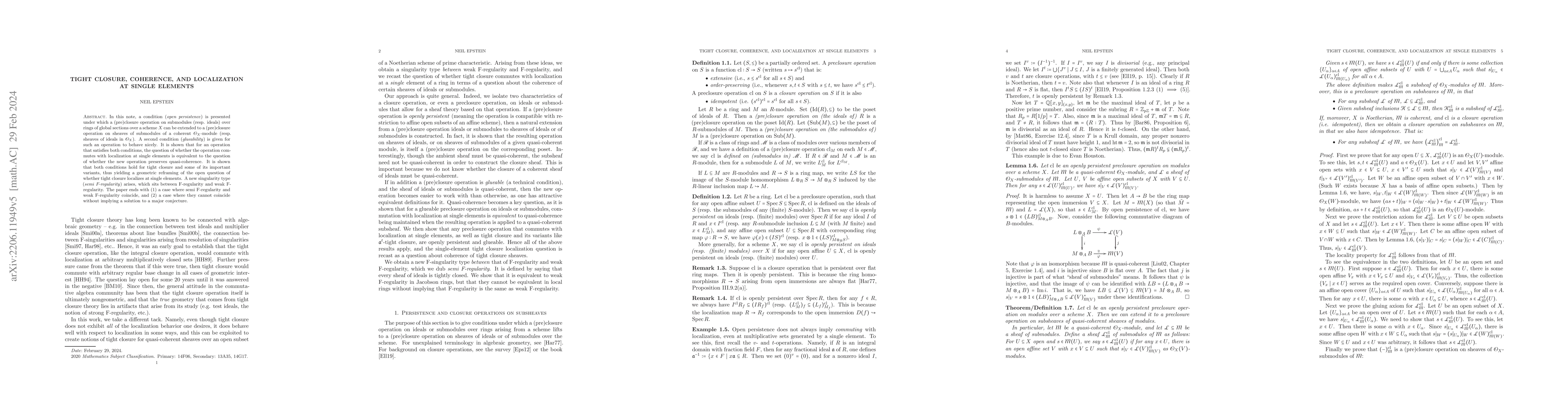 Thumbnail for Tight closure, coherence, and localization at single elements