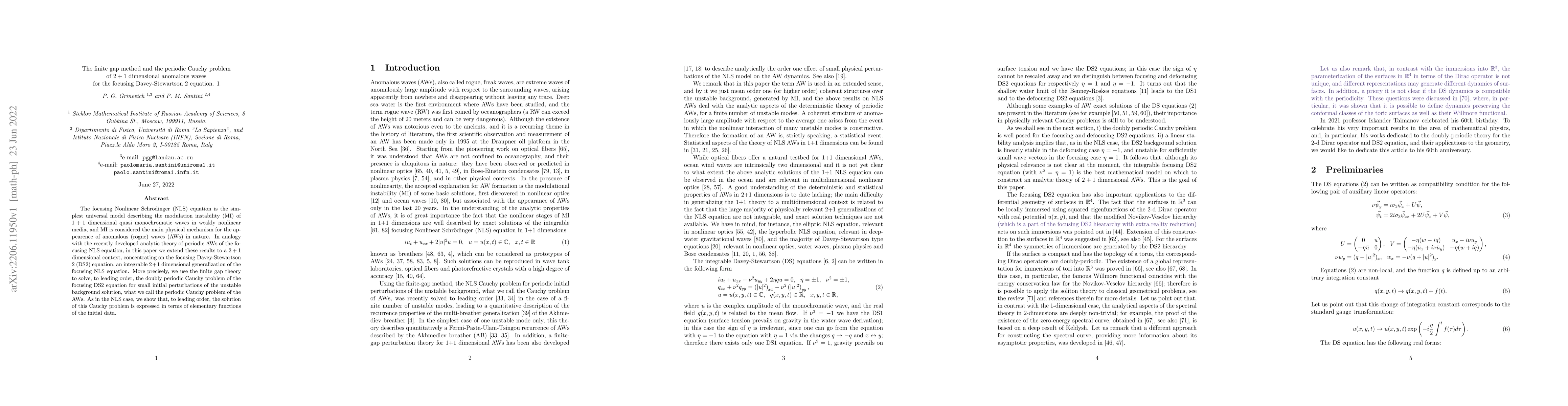Thumbnail for The finite gap method and the periodic Cauchy problem of $2+1$
  dimensional anomalous waves for the focusing Davey-Stewartson 2 equation
