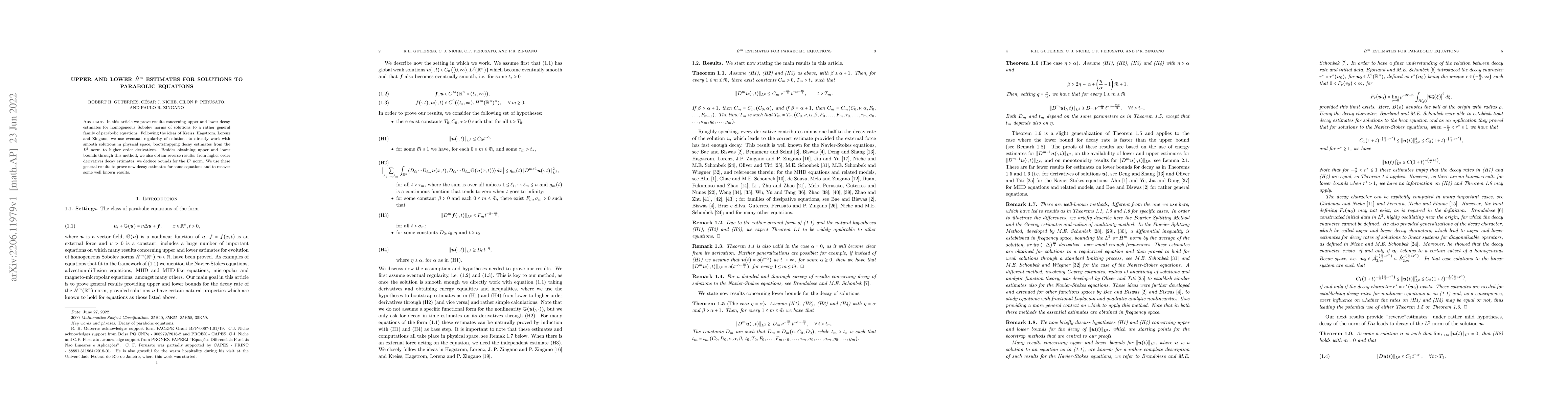 Thumbnail for Upper and lower $\dot{H}^{m}$ estimates for solutions to parabolic
  equations