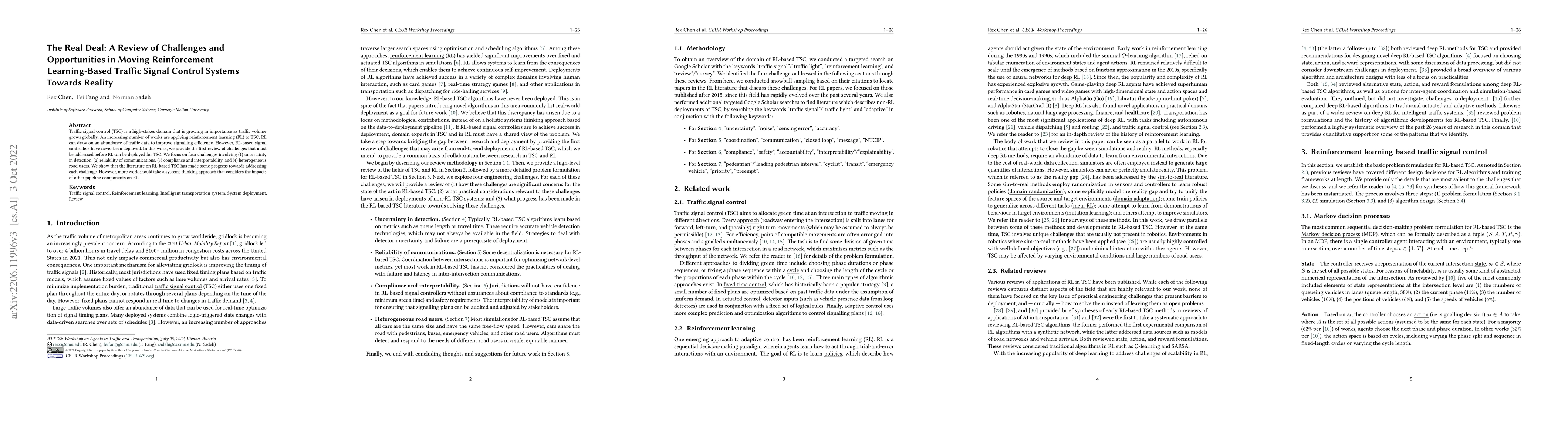 Thumbnail for The Real Deal: A Review of Challenges and Opportunities in Moving
  Reinforcement Learning-Based Traffic Signal Control Systems Towards Reality