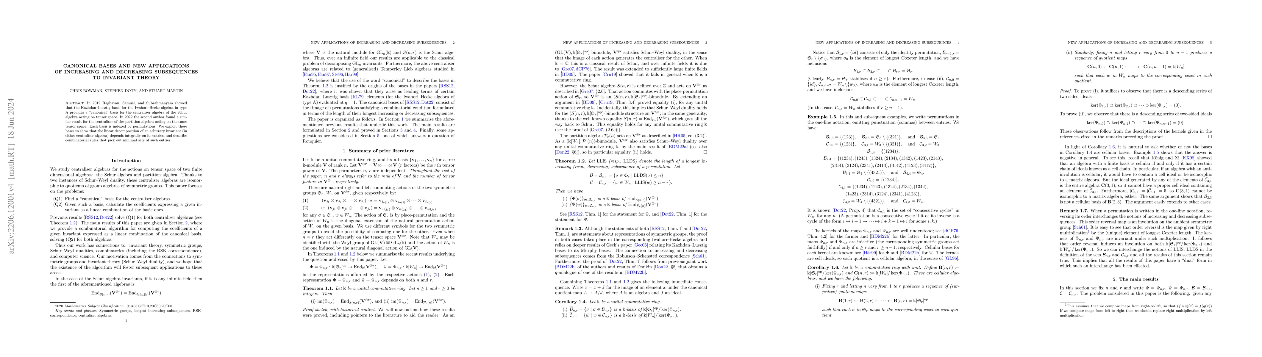 Thumbnail for Canonical bases and new applications of increasing and decreasing
  subsequences to invariant theory