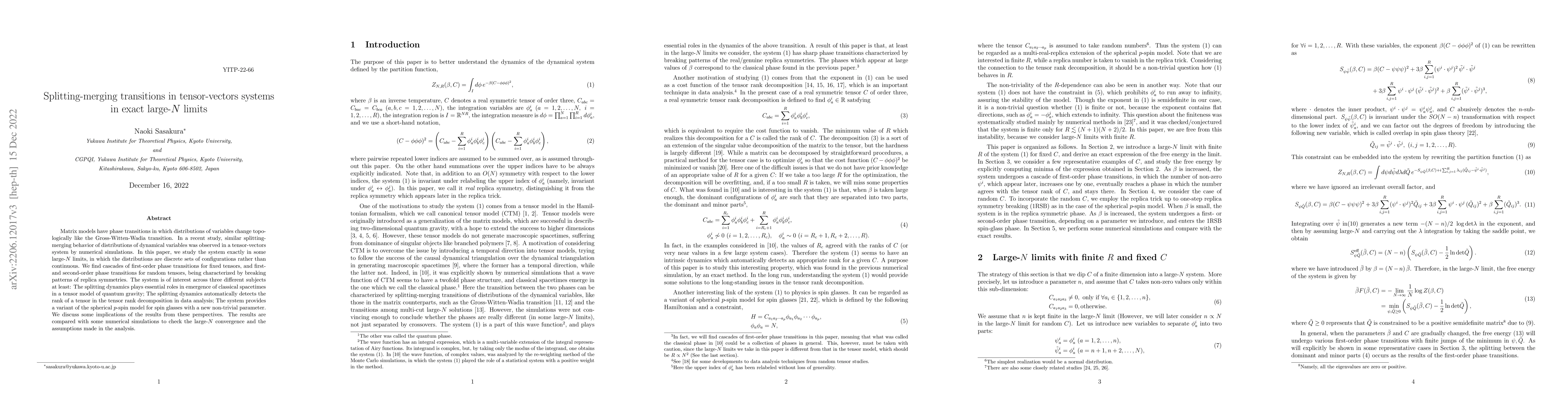 Thumbnail for Splitting-merging transitions in tensor-vectors systems in exact
  large-$N$ limits