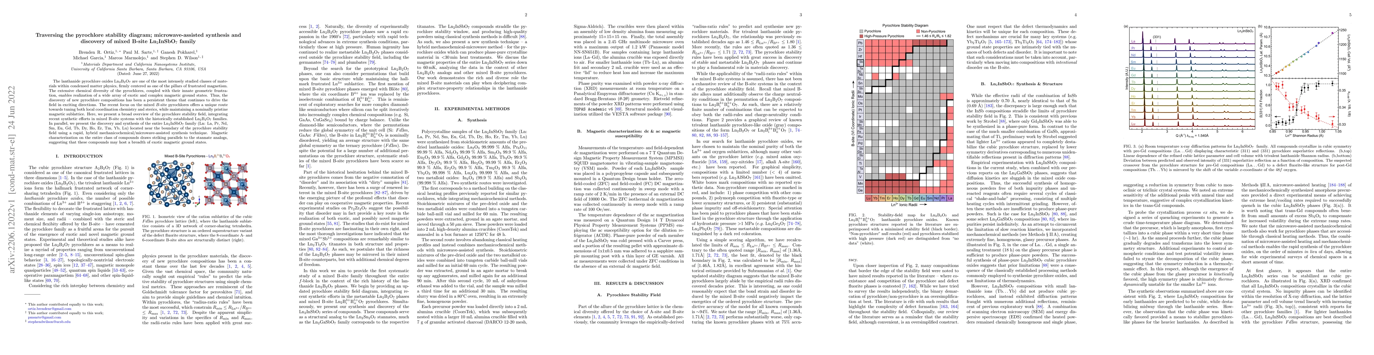 Thumbnail for Traversing the pyrochlore stability diagram; microwave-assisted
  synthesis and discovery of mixed B-site Ln$_2$InSbO$_7$ family