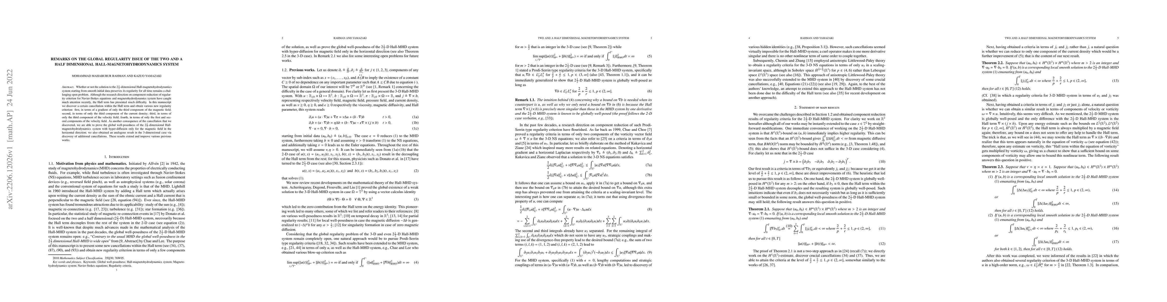 Thumbnail for Remarks on the global regularity issue of the two and a half dimensional
  Hall-magnetohydrodynamics system