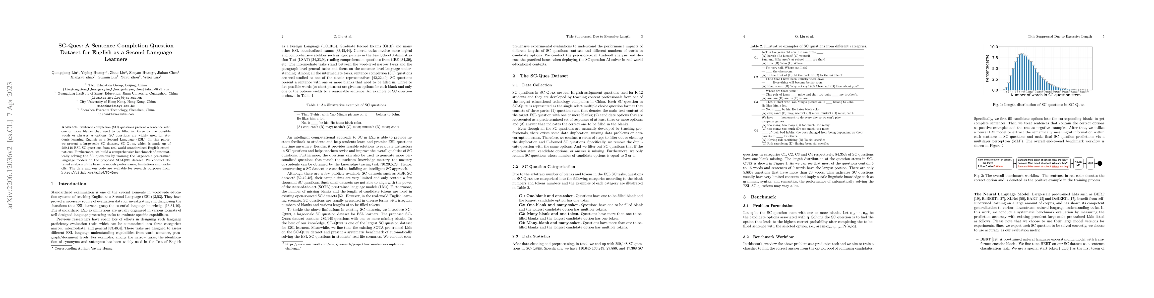 Thumbnail for SC-Ques: A Sentence Completion Question Dataset for English as a Second
  Language Learners