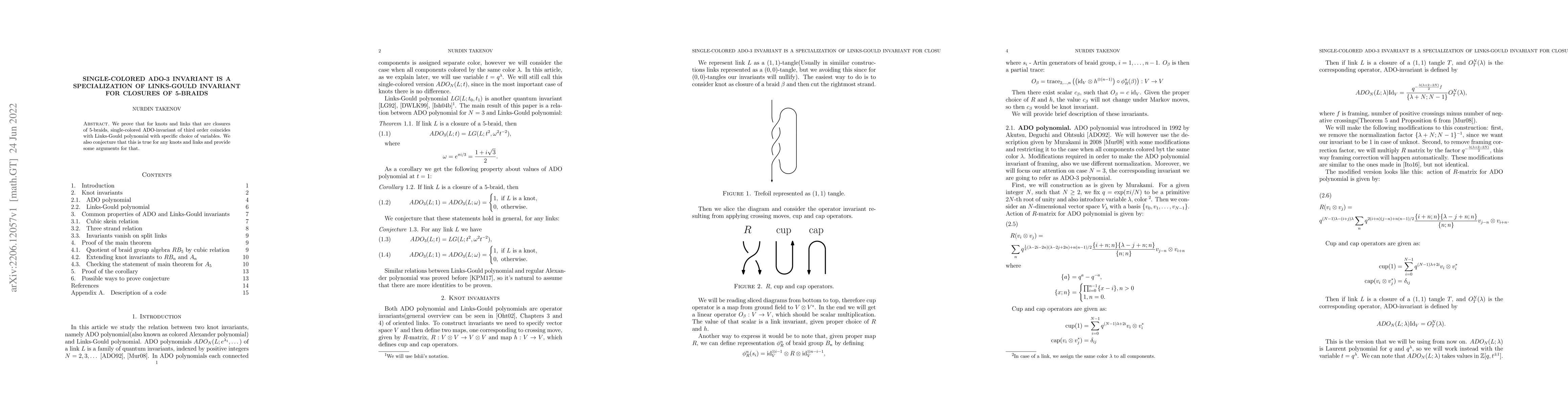 Thumbnail for Single-colored ADO-3 invariant is a specialization of Links-Gould
  invariant for closures of 5-braids