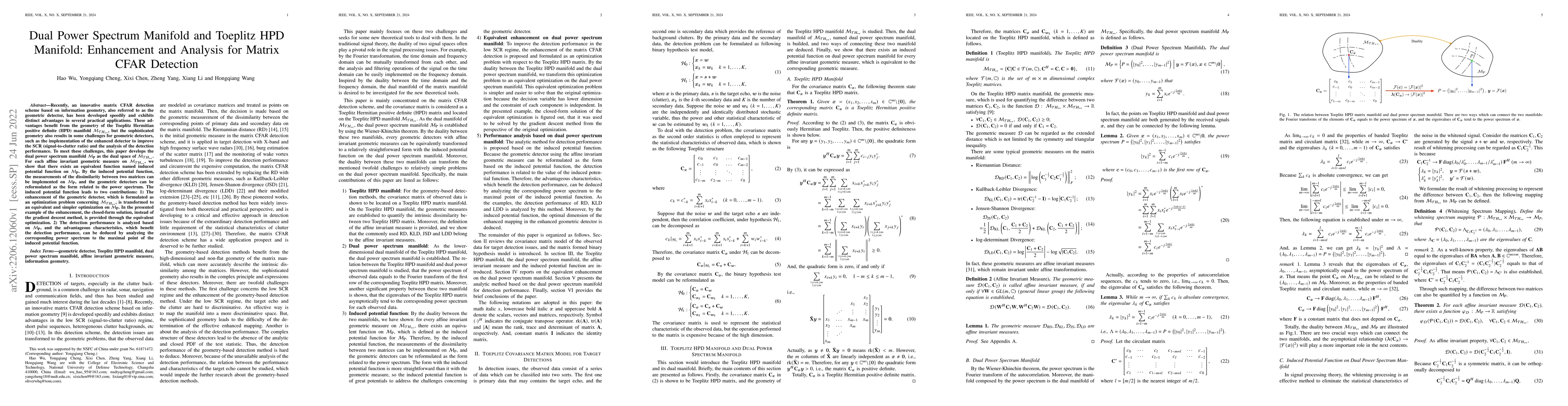 Thumbnail for Dual Power Spectrum Manifold and Toeplitz HPD Manifold: Enhancement and
  Analysis for Matrix CFAR Detection