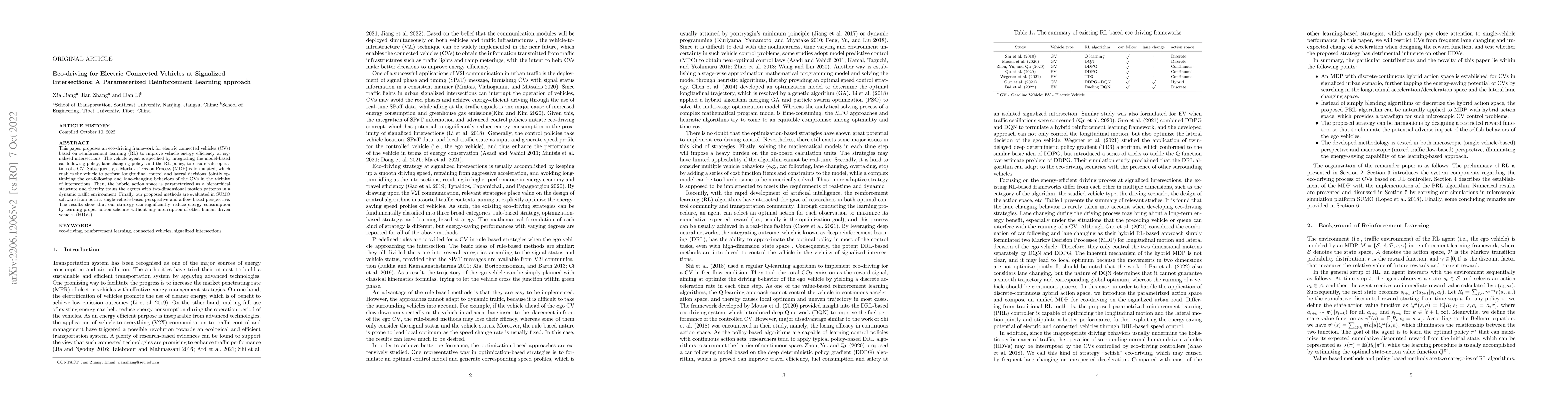 Thumbnail for Eco-driving for Electric Connected Vehicles at Signalized Intersections:
  A Parameterized Reinforcement Learning approach