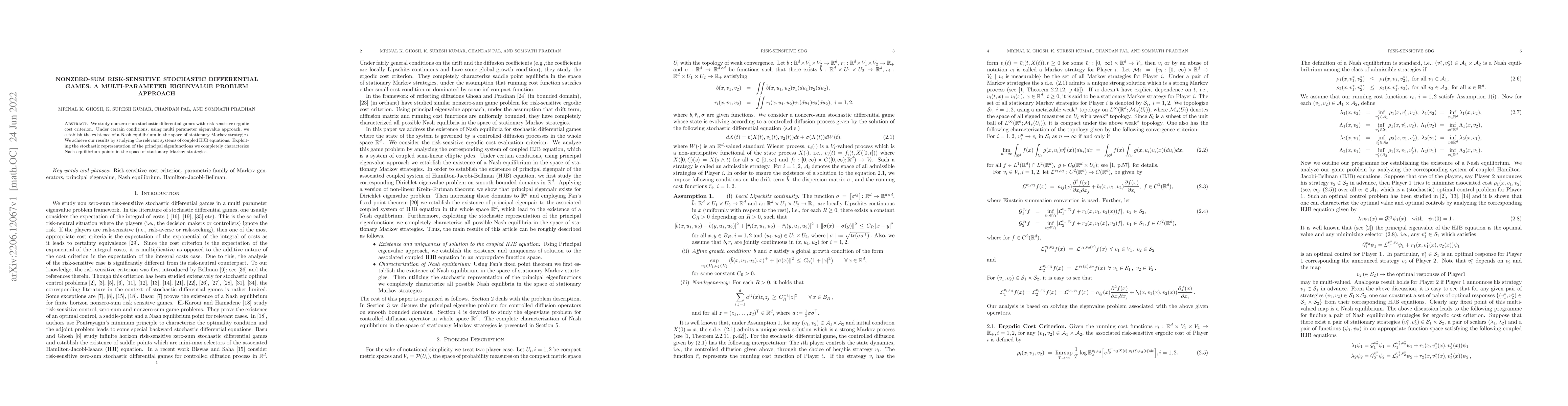 Thumbnail for Nonzero-Sum Risk-Sensitive Stochastic Differential Games: A
  Multi-parameter Eigenvalue Problem Approach
