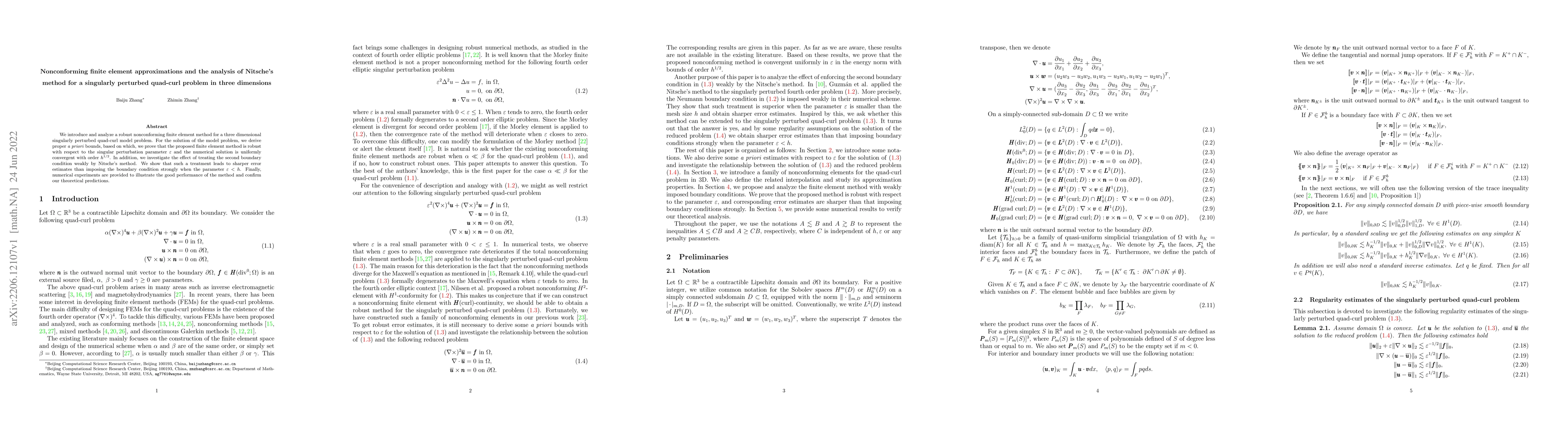 Thumbnail for Nonconforming finite element approximations and the analysis of
  Nitsche's method for a singularly perturbed quad-curl problem in three
  dimensions