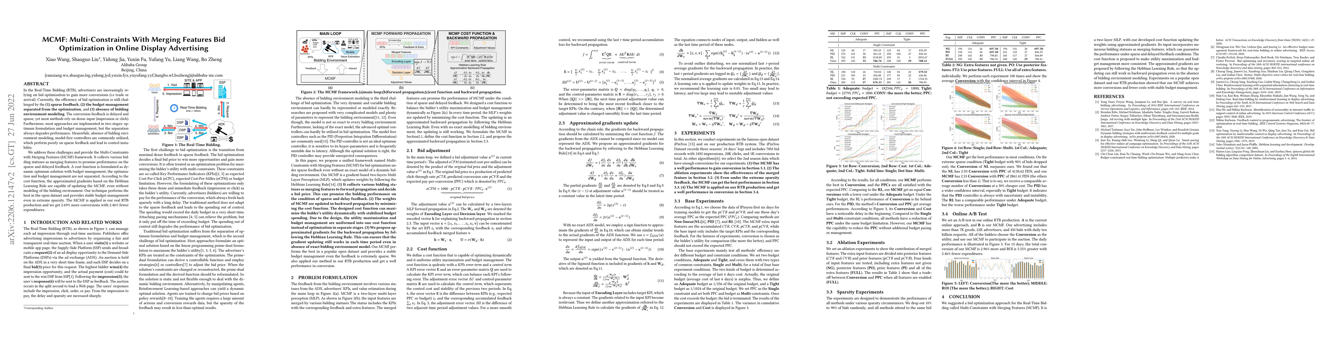 Thumbnail for MCMF: Multi-Constraints With Merging Features Bid Optimization in Online
  Display Advertising