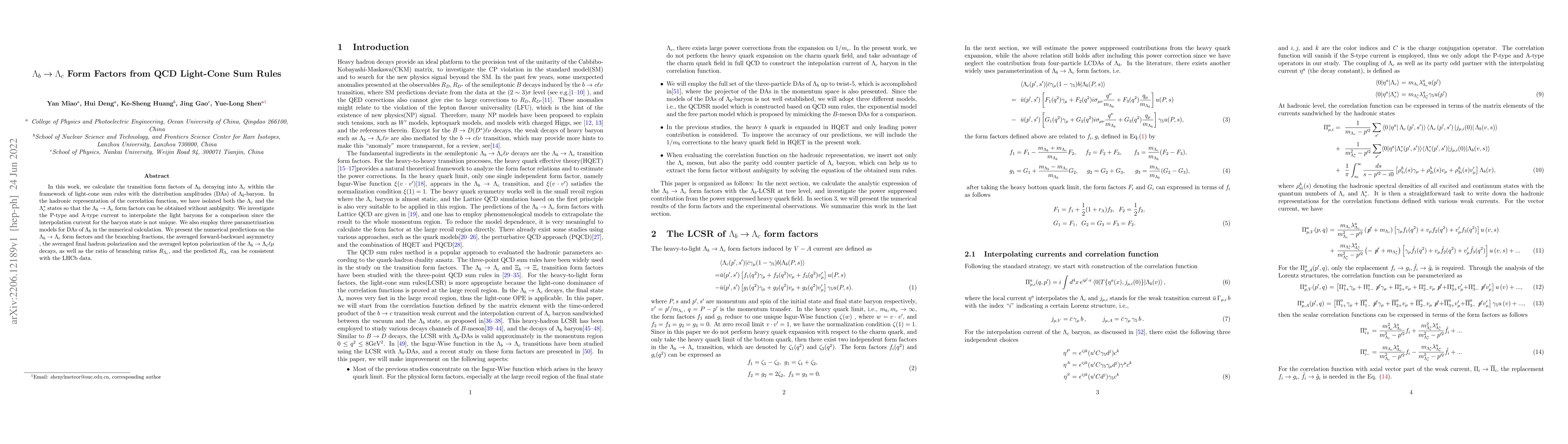Thumbnail for $\Lambda_b \to \Lambda_c$ Form Factors from QCD Light-Cone Sum Rules
