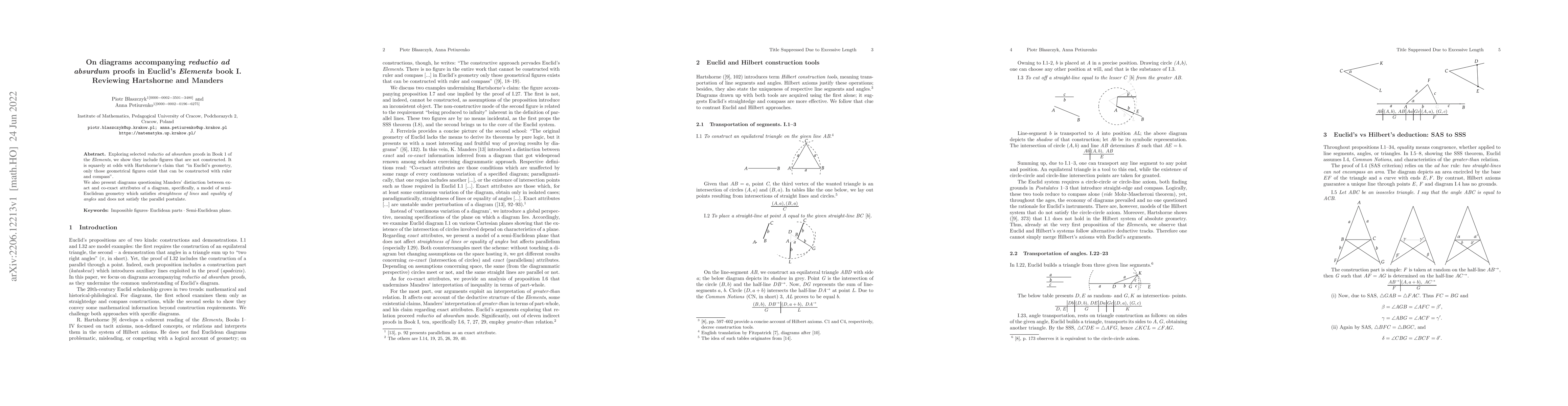 Thumbnail for On diagrams accompanying reductio ad absurdum proofs in Euclid's
  Elements book I. Reviewing Hartshorne and Manders