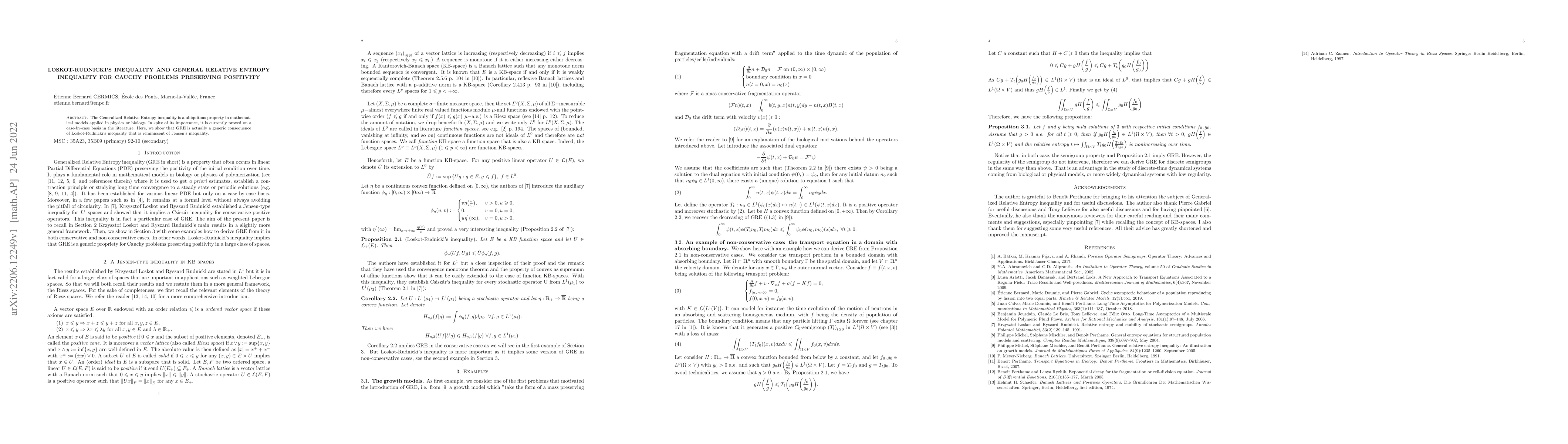 Thumbnail for Loskot-Rudnicki's inequality and General Relative Entropy inequality for
  Cauchy problems preserving positivity