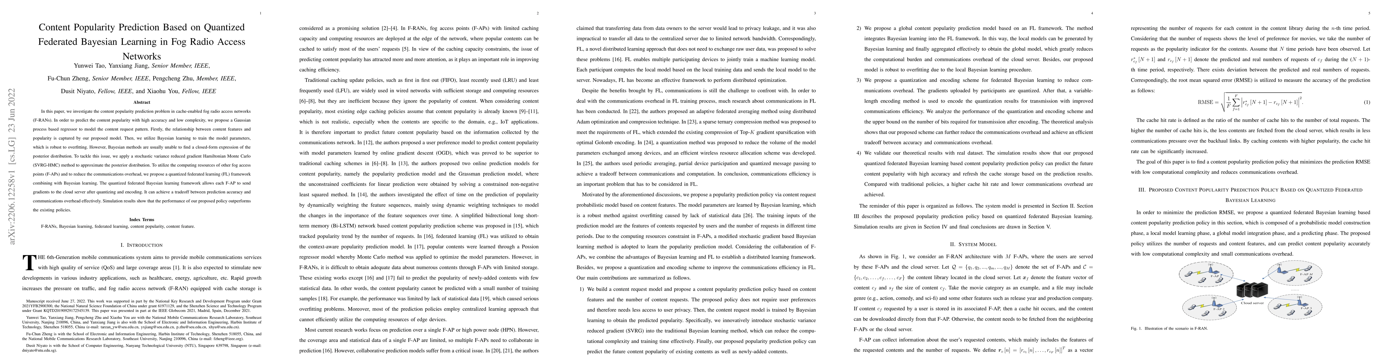 Thumbnail for Content Popularity Prediction Based on Quantized Federated Bayesian
  Learning in Fog Radio Access Networks