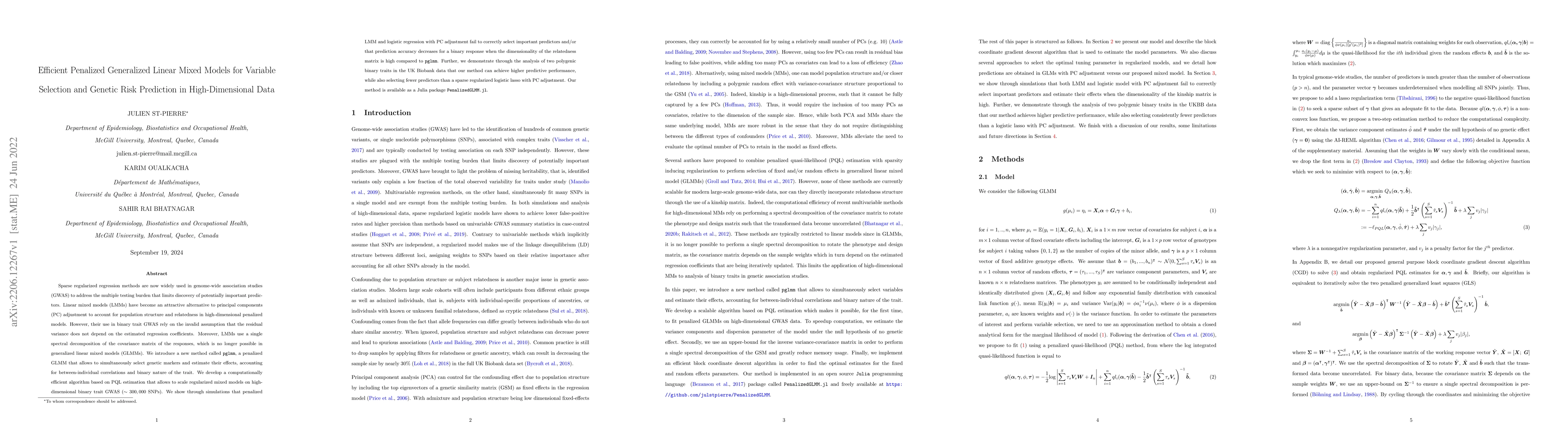 Thumbnail for Efficient Penalized Generalized Linear Mixed Models for Variable
  Selection and Genetic Risk Prediction in High-Dimensional Data