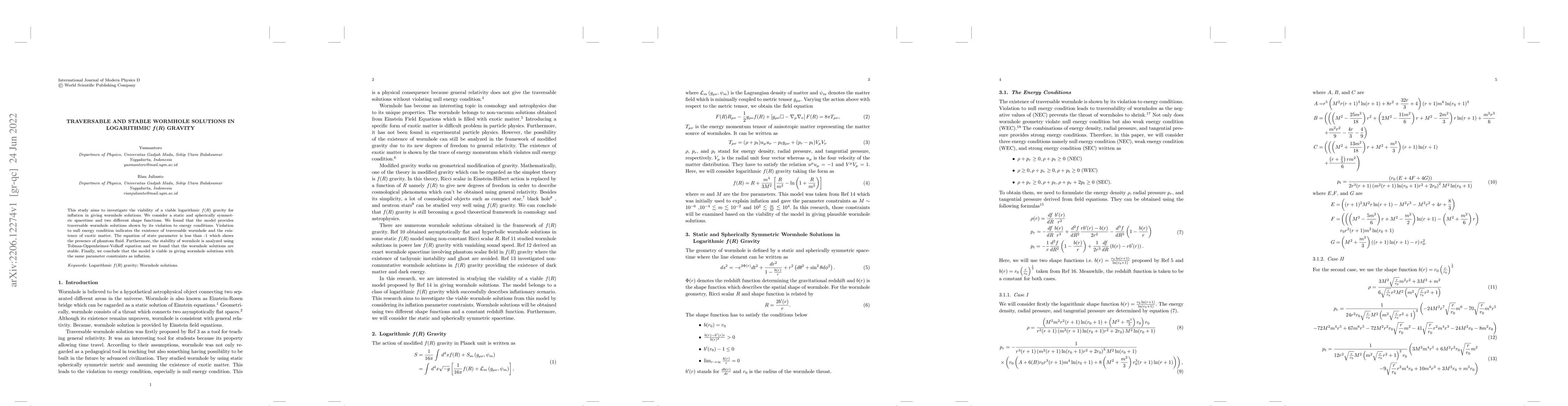 Thumbnail for Traversable and stable wormhole solutions in logarithmic f(R) gravity