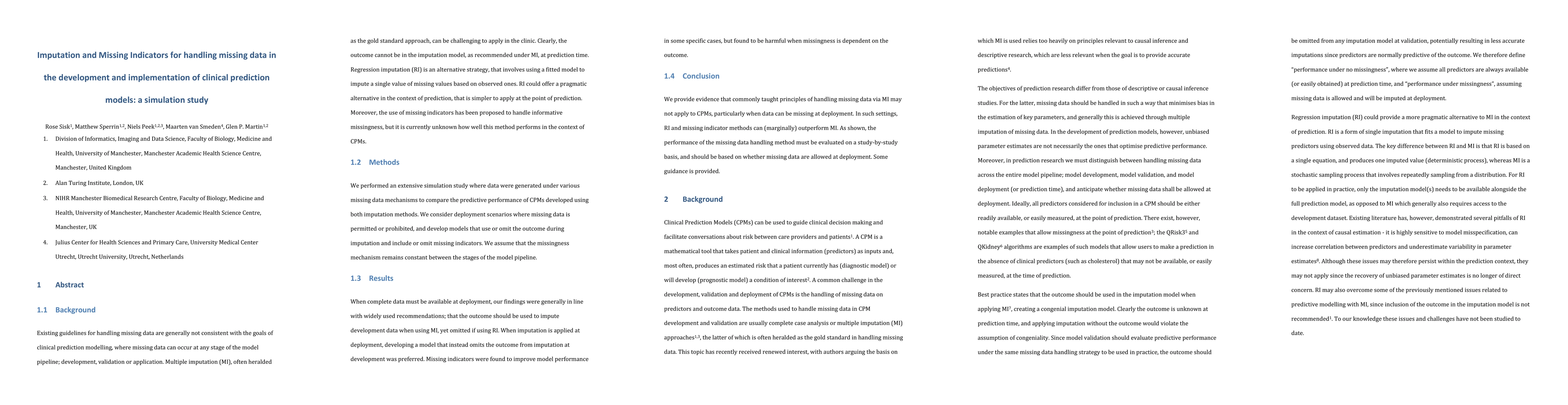 Thumbnail for Imputation and Missing Indicators for handling missing data in the
  development and implementation of clinical prediction models: a simulation
  study