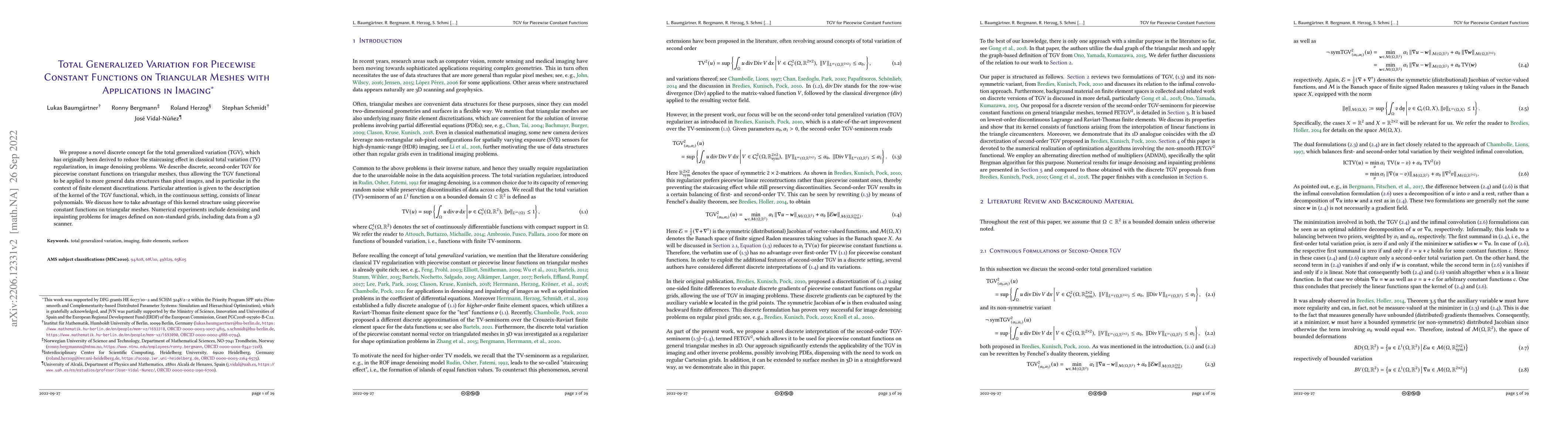 Thumbnail for Total Generalized Variation for Piecewise Constant Functions on
  Triangular Meshes with Applications in Imaging