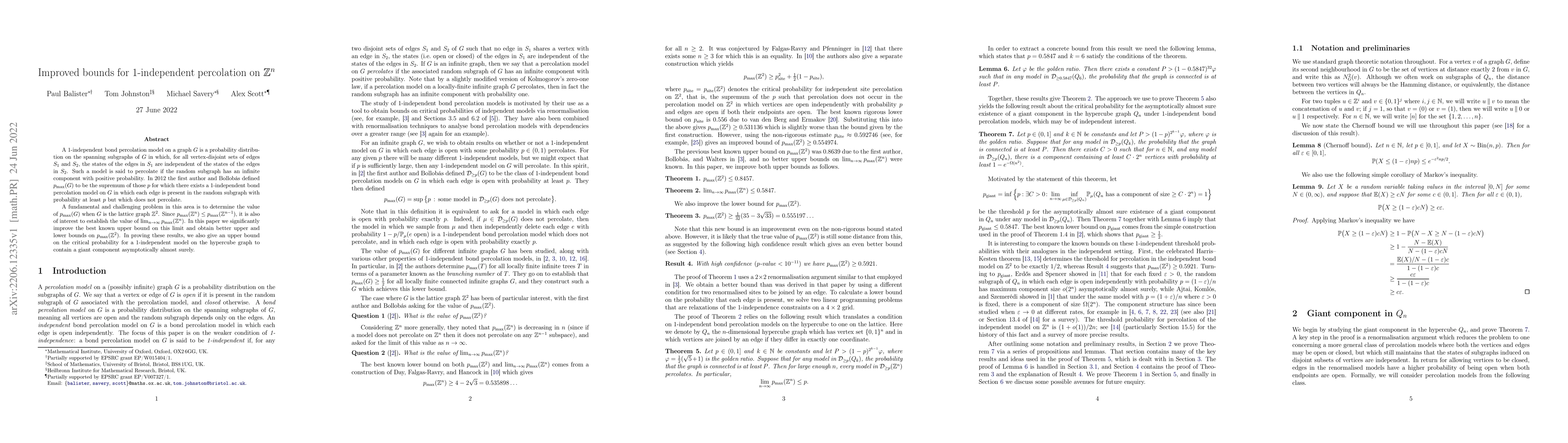 Thumbnail for Improved bounds for 1-independent percolation on $\mathbb{Z}^n$