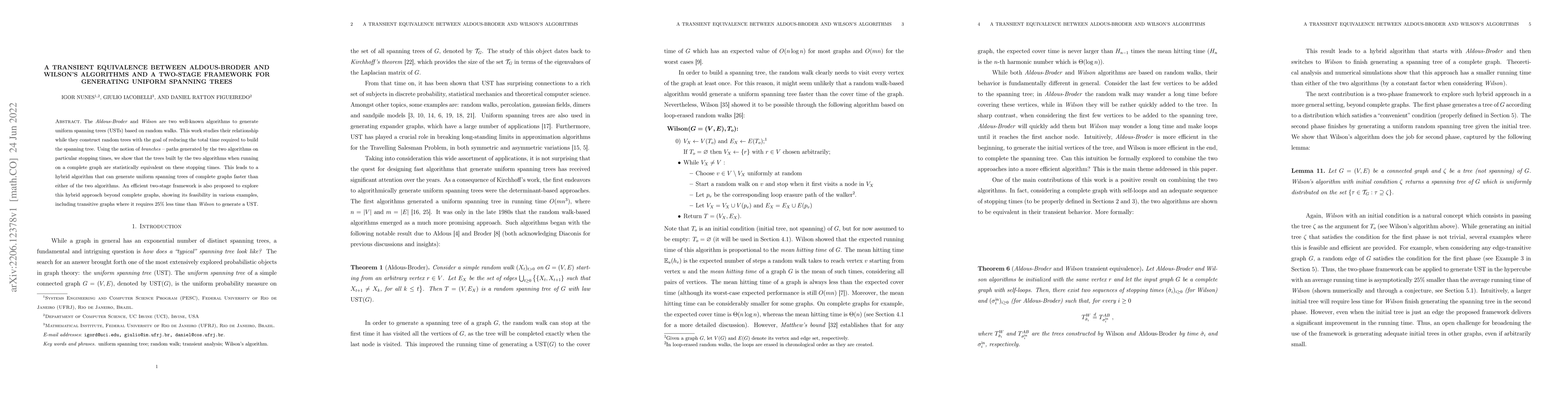Thumbnail for A transient equivalence between Aldous-Broder and Wilson's algorithms
  and a two-stage framework for generating uniform spanning trees