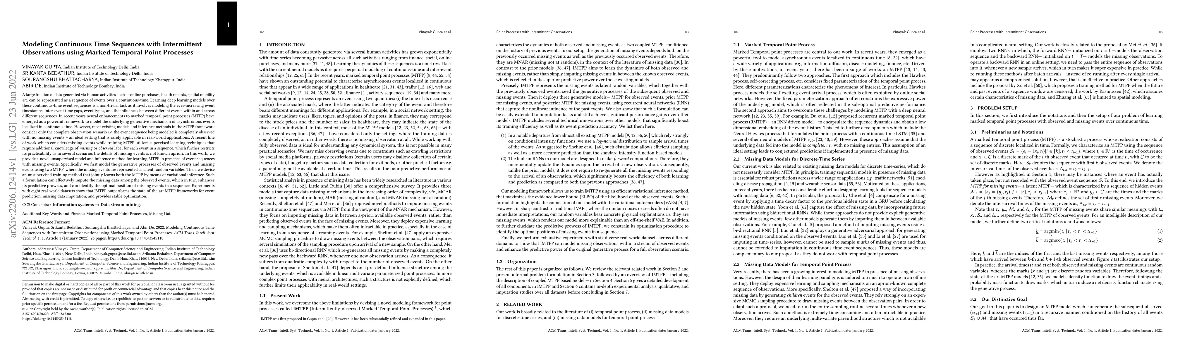 Thumbnail for Modeling Continuous Time Sequences with Intermittent Observations using
  Marked Temporal Point Processes