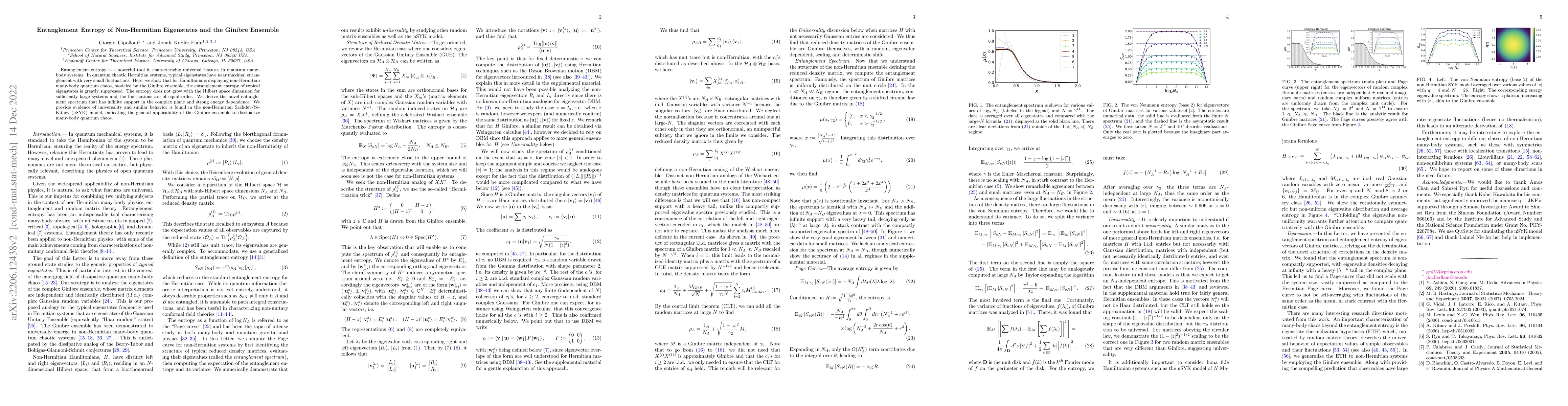 Thumbnail for Entanglement Entropy of Non-Hermitian Eigenstates and the Ginibre
  Ensemble