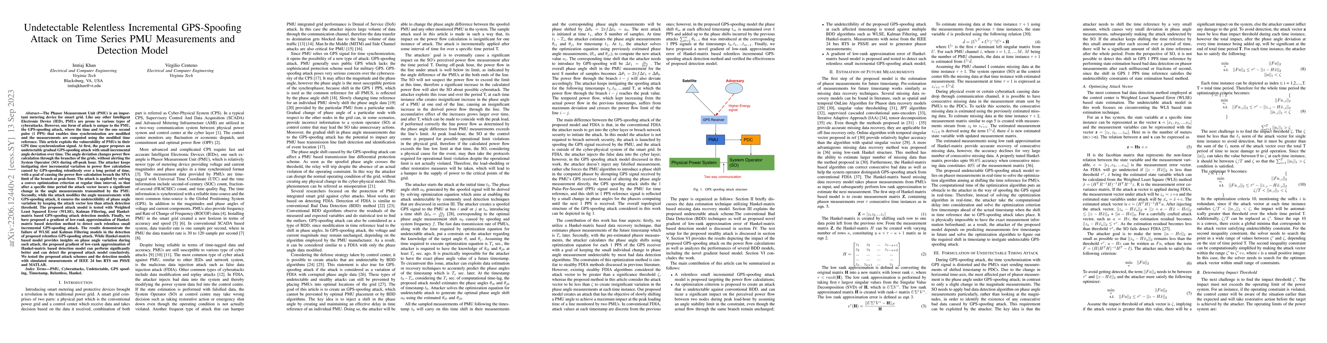 Thumbnail for Undetectable GPS-Spoofing Attack on Time Series Phasor Measurement Unit
  Data