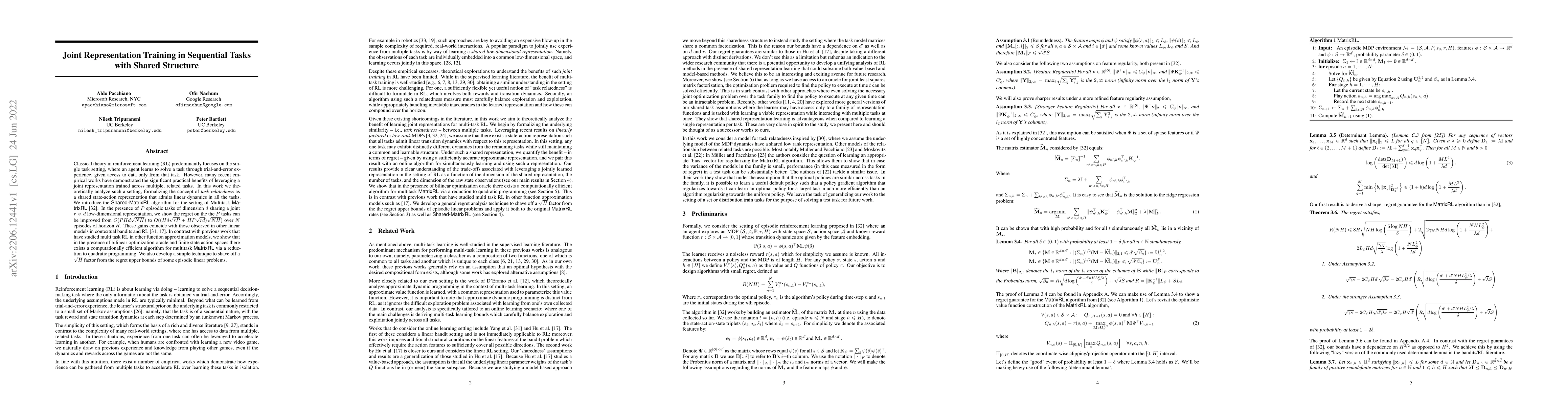 Thumbnail for Joint Representation Training in Sequential Tasks with Shared Structure