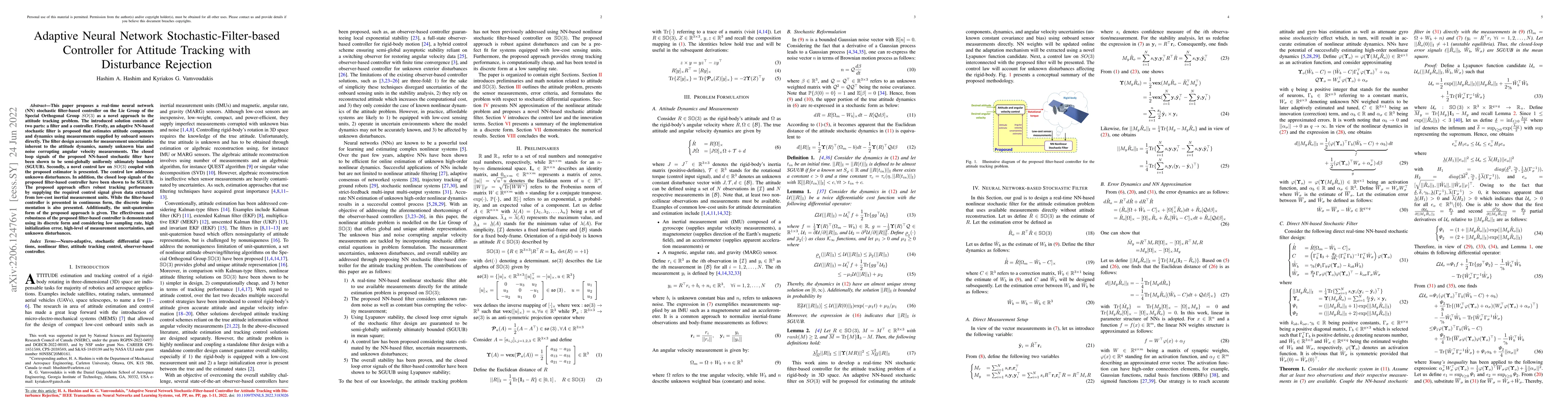 Thumbnail for Adaptive Neural Network Stochastic-Filter-based Controller for Attitude
  Tracking with Disturbance Rejection