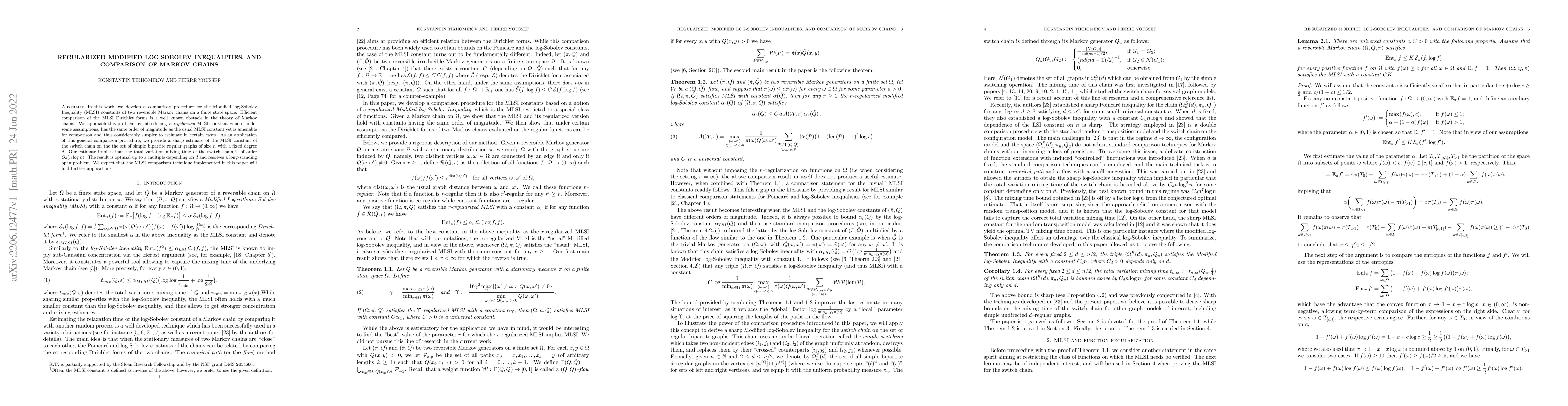 Thumbnail for Regularized modified log-Sobolev inequalities, and comparison of Markov
  chains