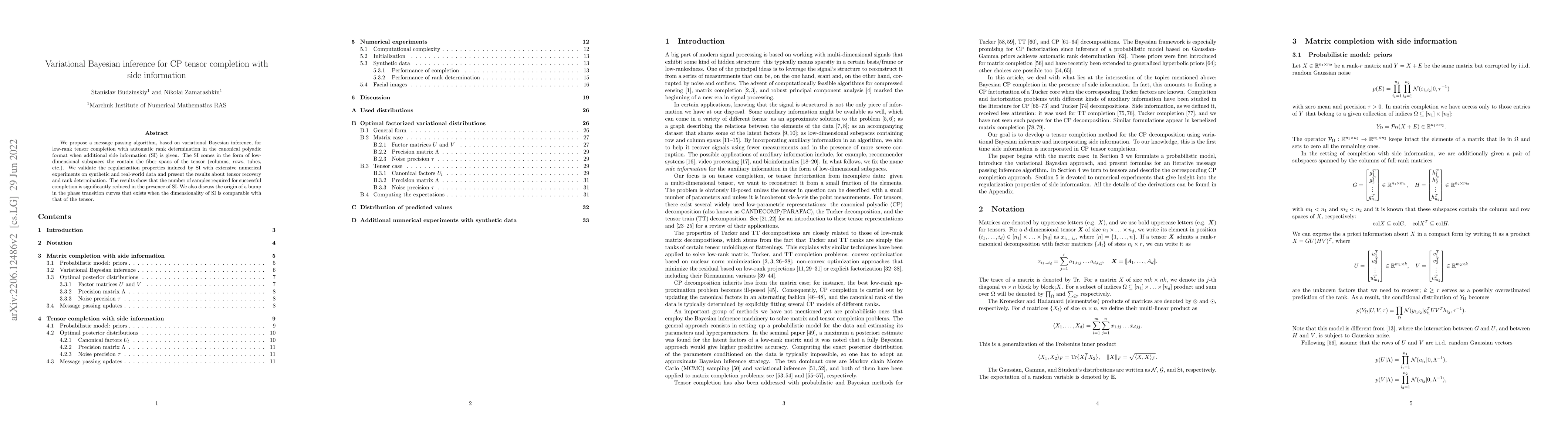 Thumbnail for Variational Bayesian inference for CP tensor completion with side
  information
